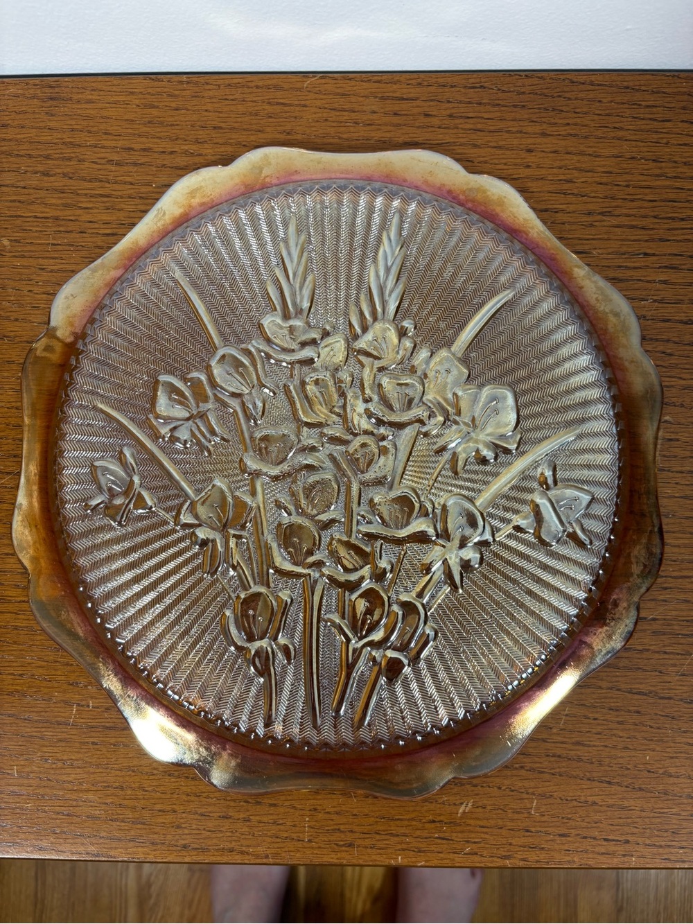Vintage Floral Carnival Glass Decorative Plate - Amber